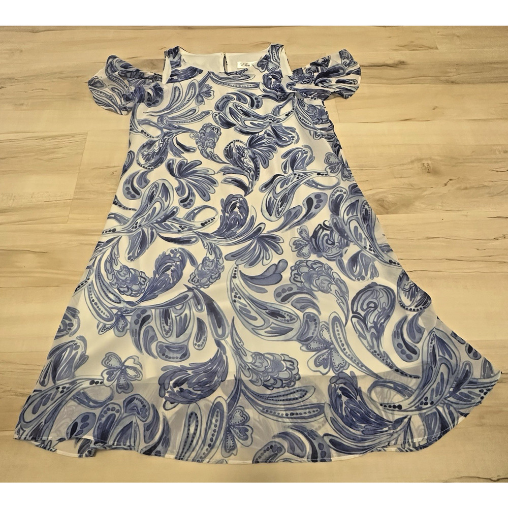 Eliza J Blue White‎ Paisley Cold Shoulder Chiffon Dress Size 6